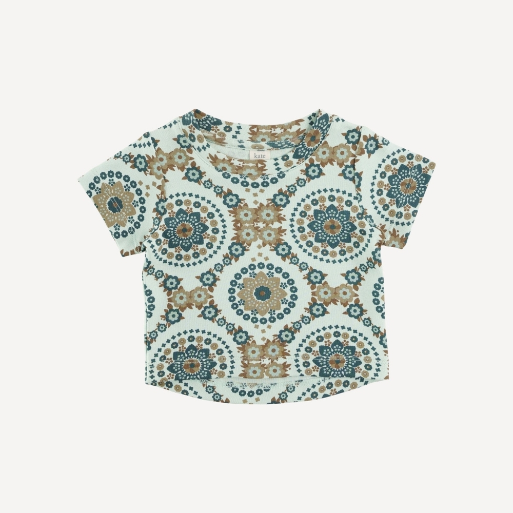 NWT 5Y Kate Quinn short sleeve essential boxy tee 70s blue floral wallpaper